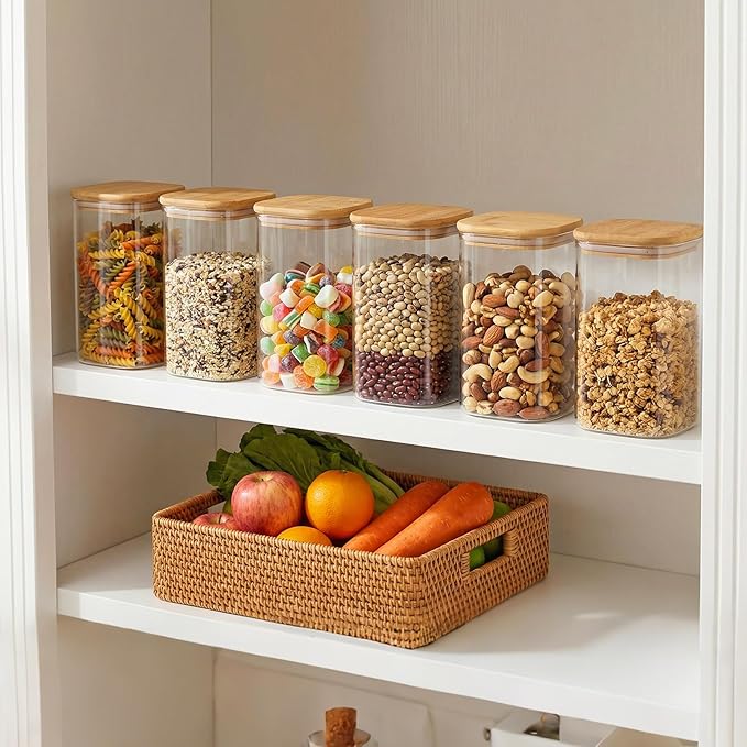 6 Pack 1.2qt Square Glass Storage Containers with Bamboo Press Lids