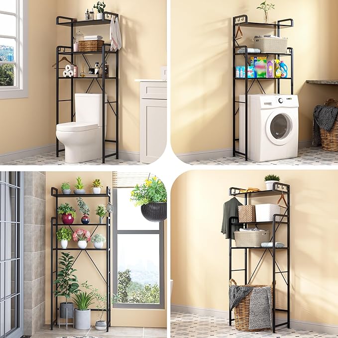 Huhote Over-The-Toilet Storage Rack with 3-Tier Shelves, Space Saver Toilet Shelf, Bathroom Storage Organizer with Hooks for Over-Toilet Storage (Black)