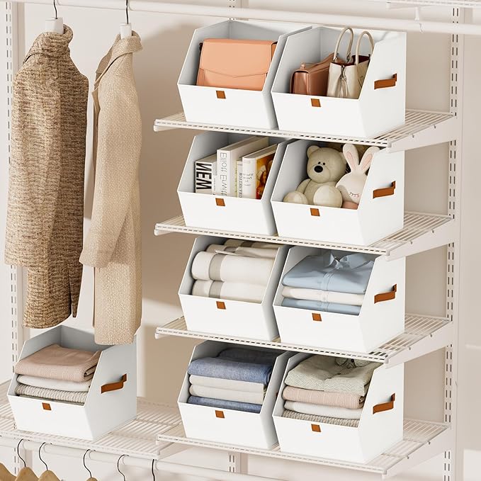 Homsorout Fabric Closet Storage Cubes - 8 Pack Square Storage Bins with Dual Handles for Clothes, Towels, Toys, Cube Storage Organizers for Bedroom, Nursery, Shelves, Closet, Small Spaces, White