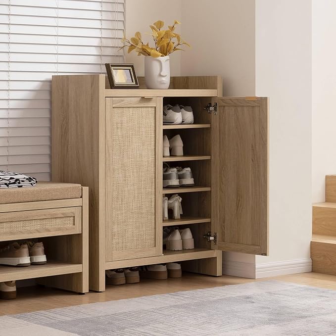Shoe Cabinet Set of 2, Large Capacity Shoe Storage Organizer Cabinet, Light Oak