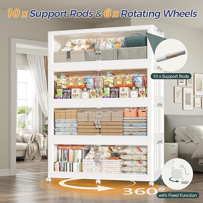 240Gal/960QT 4-Tiers Extra Large Stackable Storage Bins with Lid, Collapsible Cabinet Closet Organizer Plastic Container Box with Wheels Doors Drawers for Office Dorm Kitchen, White