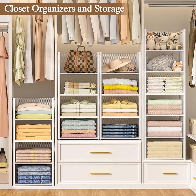 4-Tier Stackable Closet Organizers and Storage Basket, Wire Clothes Shelf Organizer Bins, Sweater Storage for Wardrobe Cupboard, Multifunctional Cube Storage Box for Kitchen Bath Laundry Room, White