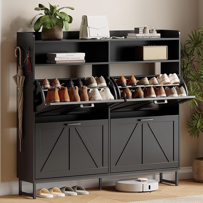 Shoe Cabinet with 4 Flip Drawers, Black
