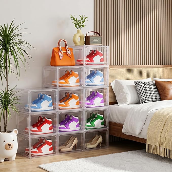Large Shoe Boxes Clear Plastic Stackable, 8 Pack Drop Side Shoe Storage Organizer with Magnetic Door, Shoe Container Sneaker Storage Display Case Fit up to US Size 13 CLEAR