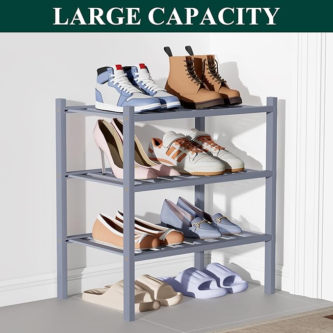Smiry Bamboo Shoe Rack for Closet, 3 Tier Small Wooden Shoe Organizer, Stackable Wood Shoe Storage Shelf for Entryway, 14 Vertical Slats, One-piece Heavy-Duty Legs, 17.32"x11.02"x18.31", Grey