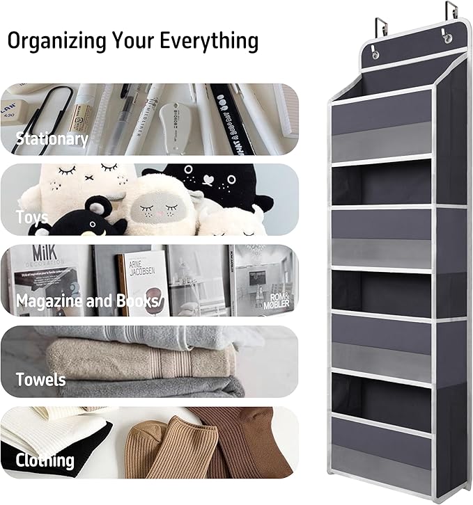 Over The Door Hanging Organizer with 4 Large Pockets, Closet, Bathroom, Gray