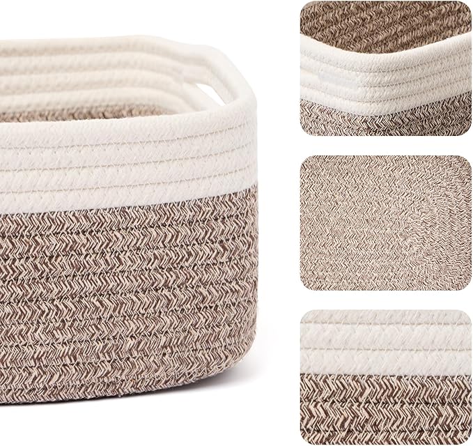MiniArk Small Storage Baskets for Organizing | Closet Organizer Bins | Shelf Toy Basket | Woven Rope Baskets | Cube Decorative Box | Shallow Basket | 13x8.5x5.1” | 4 Packs White Brown