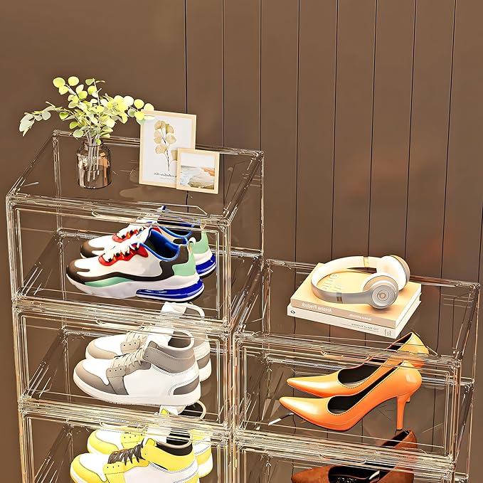MMBABY 12 Pack Acrylic Clear Shoe Boxes– Ultra Clear Plastic Stackable Sneaker Storage For Sneakerhead. Professional Grade Shoe Display Case with Magnetic Door.Fits US Size 15