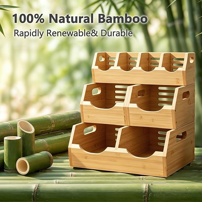 Upgraded 3 Tier Bamboo Pantry Storage Bins - Stackable Potato and Onion Storage Bin, Storage Baskets Airflow Vent Vegetable and Fruit Organizer with Handle, for Kitchen, Livingroom,Bathroom