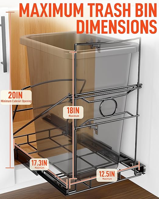 Pull Out Trash Can Holder, Adjustable Heavy Duty Cabinet Slide Out Kit for 7-11 Gallon Trash Cans, Under Sink Trash Can Rack with Smooth Ball Bearing Slides, Black, Trash Can Not Included