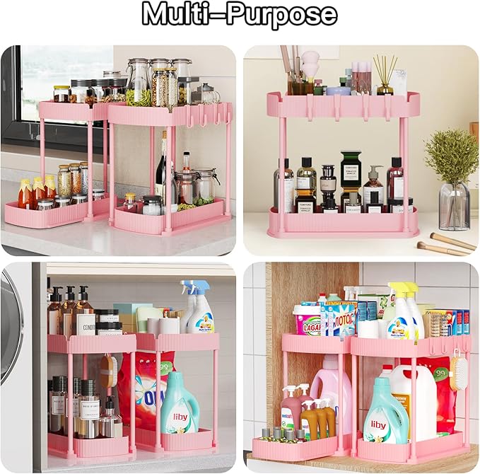 Ukeetap 2 Pack Multi-Purpose Pull-Out Storage Organizers, Under Sink Organizers and Storage for Bathroom & Kitchen, Under Cabinet Organizers and storage, 14.8 Inch, Pink