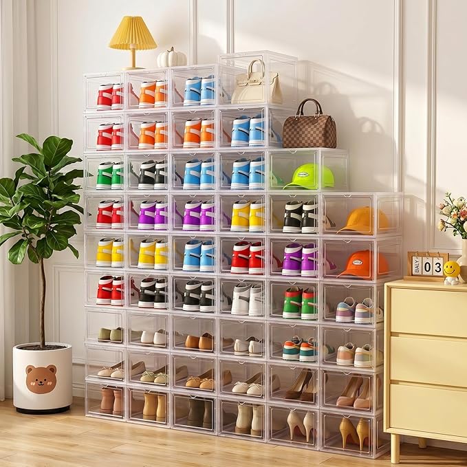 Large Clear Shoe Storage Boxes Stackable, 12 Pack Hard Plastic Shoe Storage Organizer with Magnetic Door, Shoe Container Sneaker Storage Display Case Fit up to US Size 13 Clear