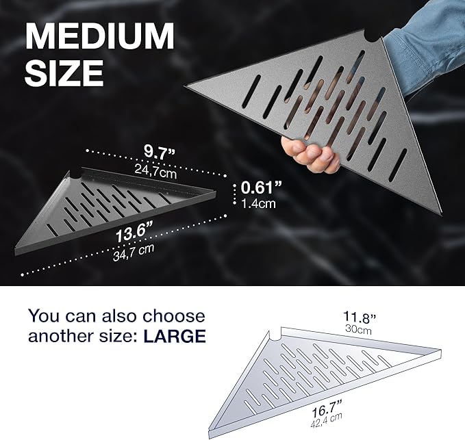 Corner Shower Shelf for Inside Shower - Adhesive/Stick/Drill/No Drill - Floating Strong 14" Silver Corner Shower Shelves for Bathroom, Tiled Wall, Caddy Organizer, Kitchen, Shower