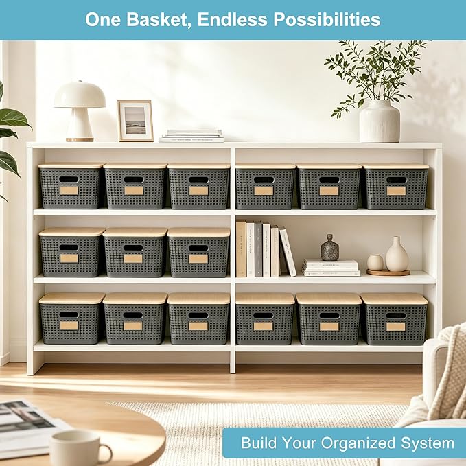 2 Pack Tall Plastic Storage Bins with Bamboo Lids, Gray