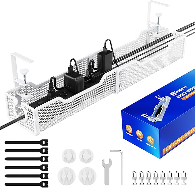 Upgraded 25.2'' Under Desk Cable Management Tray, No Drill Clamp-On Design Wire Organizer, Cable Organization Box for No Damage to Desk, Metal Cord Organizer for Home Office, White