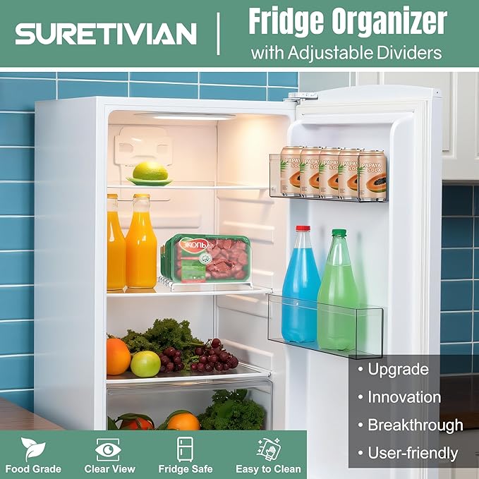 SURETIVIAN Freezer Organizer 12” Visible Fridge Organizer Rack with Removable Dividers and Handles, Freely Adjustable, Fits Refrigerator Frozen Meals, Lunch Meat Box, Cheeses(White)