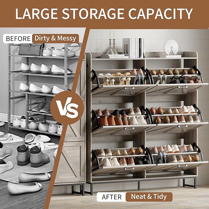 Shoe Cabinet with 6 Flip Drawers, Freestanding Hidden Shoe Storage Organizer for Entryway, Narrow Slim Shoe Rack Cabinet with Open Storage & Hooks for Front Door Entrance, Living Room, Hallway, Grey