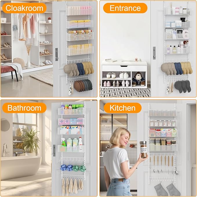 Over the Door Organizer, 2 in 1 Metal Hanging Closet Organizer & Hat Rack with 4 Adjustable Baskets, 8 Hooks, 10 Clips, Behind The Door Storage for Bedroom, Bathroom, Entrance, Closet, Kitchen, White