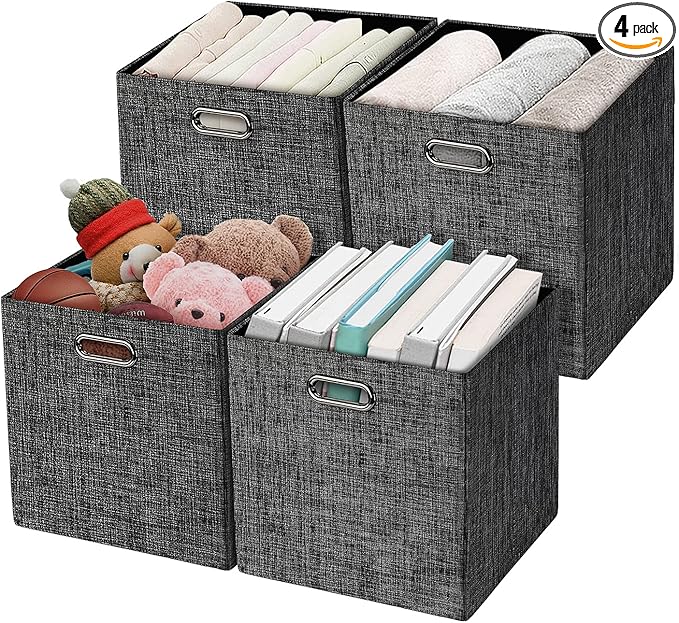 Posprica Collapsible Storage Cubes,11×11 Heavy Duty Fabric Stroage Basket Bins, 4pcs,Black