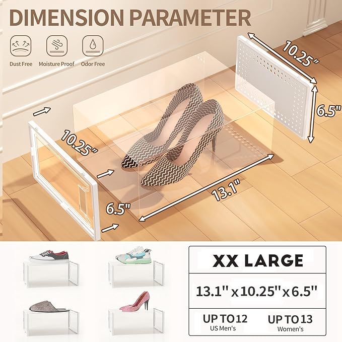 12 Pack XXX-Large Clear Shoe Storage Boxes, Stackable Modular Plastic Shoe Organizer Front-Opening Door, Fit up to US Size 9 to13, Ventilated Dust-Proof Sneaker Display Case Closet, Entryway, White