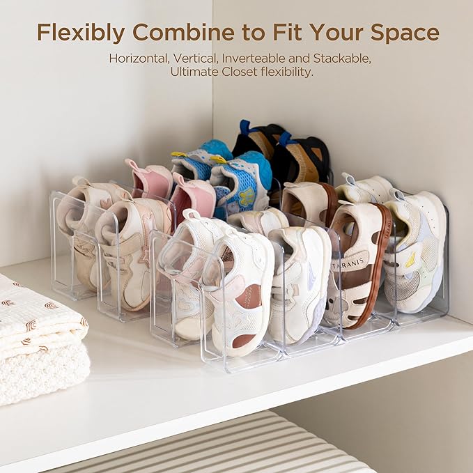 HBlife Clear Acrylic Kids Shoe Rack for Closet Organizers and Storage, Small Shoe Rack 4 Sections Toddler Baby Shoe Storage Organizer Stackable Shoe Shelf,Desk File Sorter Book Purse Organizer(3 Pack)