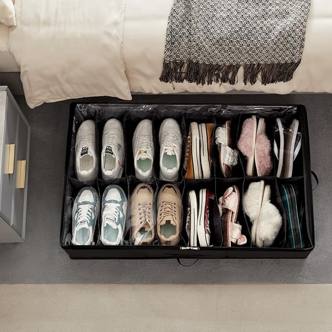 Lifewit Under Bed Shoe Storage Organizer 1 Pack(16 Shoes Cells+4 Boots Cells), 4.3 Inches Profile Fabric Shoes Container Box with Clear Cover, Foldable Storage Bag with 2 Handles, Fits 12 to 20 Pairs