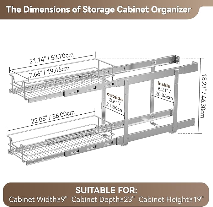 2 Tier Pull Out Cabinet Organizer 9" W X 22" D, Slide Out Drawers for Kitchen Cabinets, Pull Out Drawers for Cabinets Capacity Heavy Duty Caddy, Cabinet Pullout Shelves Chrome-Plated,Bathroom Pantry