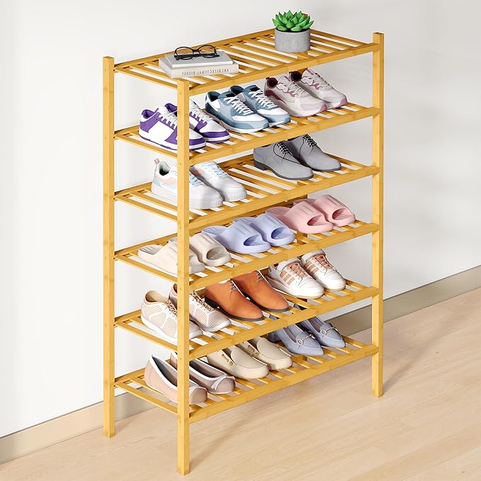 Smiry Bamboo Shoe Rack for Closet, 6 Tier Wooden Shoe Organizer, Stackable Wood Shoe Storage Shelf for Entryway, 14 Vertical Slats, 3+3 Stack Heavy-Duty Legs, 26.77"x11.02"x36.61", Natural