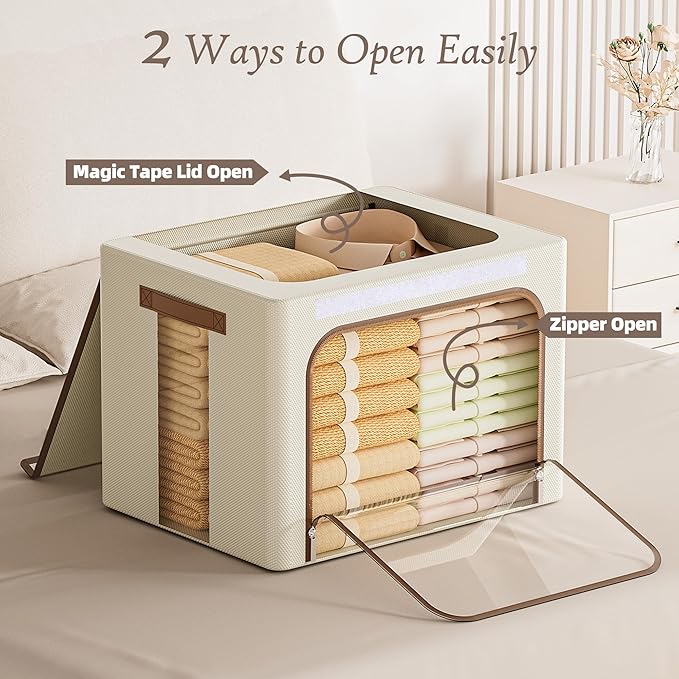 Clothes Storage Bins with Metal Frame, 3 Pack,Beige,66L