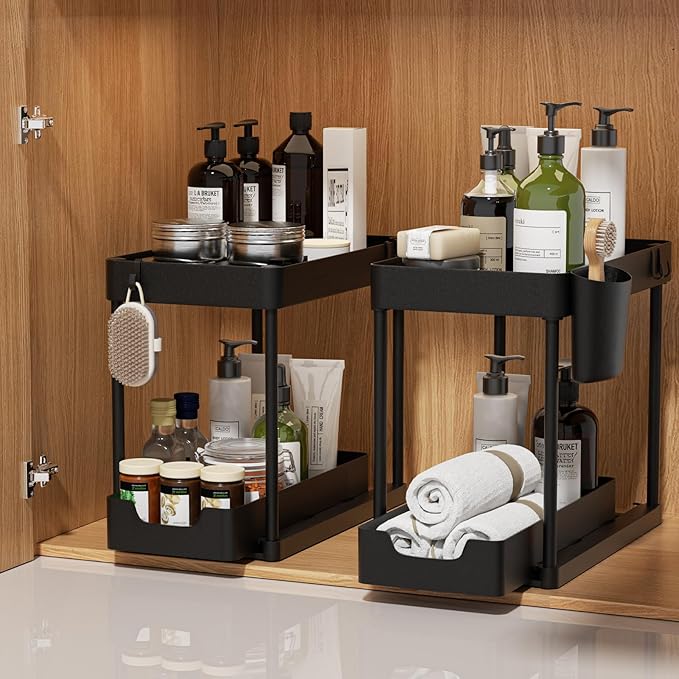 2 Pack Under Sink Organizer with Sliding Basket - 2 Tier Metal Cabinet Storage Shelf for Bathroom, Kitchen Sink - Adjustable Shelves, Space Saver,Black