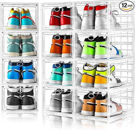 12 Pack Clear Shoe Boxes Stackable, Shoe Storage Boxes for Closet