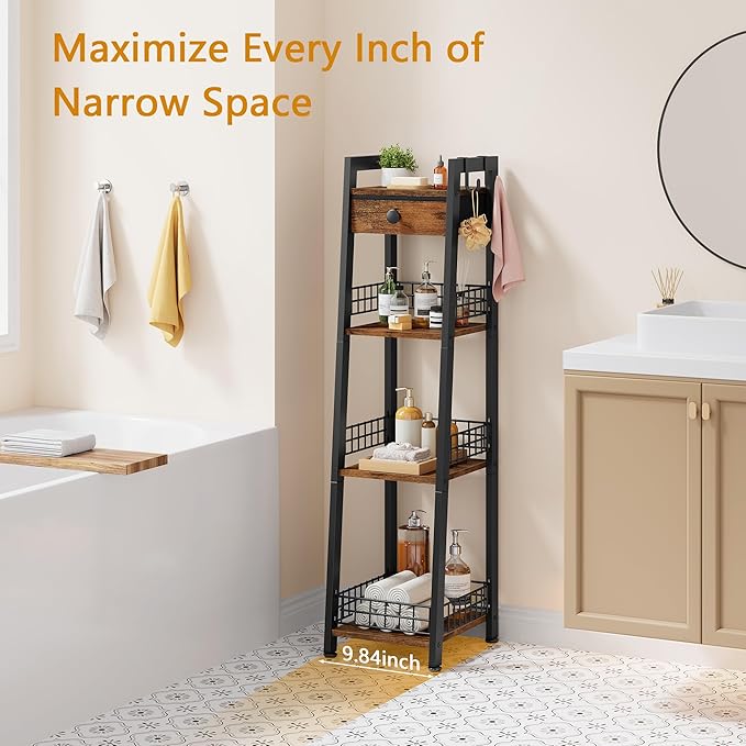 4-Tier Narrow Ladder Shelf with Drawer, Bathroom Table Stand for Small Space