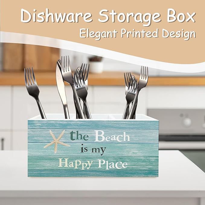 Beach Pen Holder for Home Office Kitchen Desk Decor, the Beach Is My Happy Place Wooden Pencil Holder Sign Organizer for Home Office Desk Accessories, Coastal Gifts for Women Men