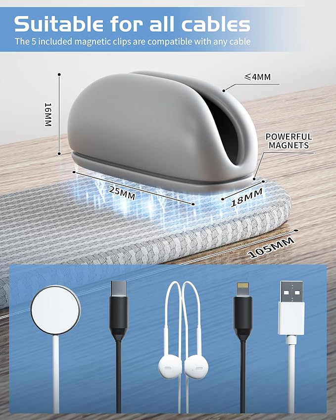 5-Pack Magnetic Cable Clips Cord Organizer, Smoothly Adjustable, Grey