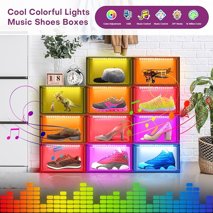 Oltraman Shoe Storage Organizer for Closet, Foldable Shoe Boxes Rack 2 pack, Clear Plastic Stackable Containers Bins Holder, Magnetic Sneaker Shelf for Sneakerheads with LED Lights Grey