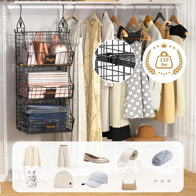 Hanging Closet Organizers and Storage, 3 Tier Closet Shelf Clothes Organizer with 2 S-Hooks, Multi-Functional Iron Wire Baskets, for Clothing, Sweaters, Handbags, Hat, Canned