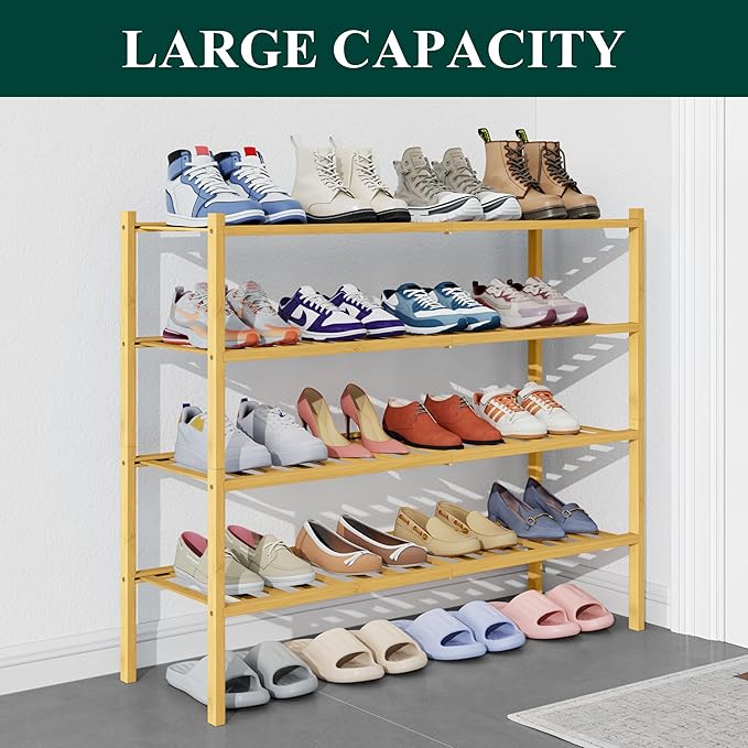 Smiry Bamboo Shoe Rack for Closet, 4 Tier Long Wooden Shoe Organizer, Stackable Wood Shoe Storage Shelf for Entryway, 14 Vertical Slats, 2+2 Stack Heavy-Duty Legs, 33.86"x11.02"x25.98", Natural