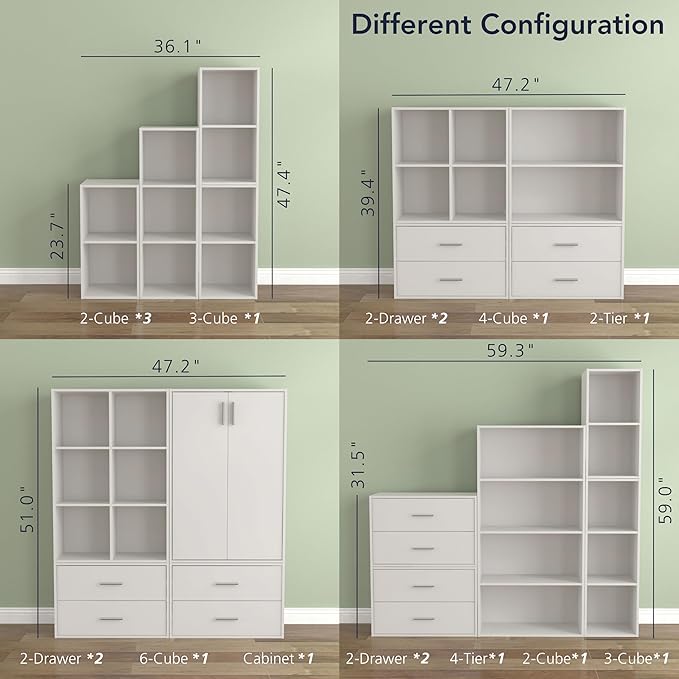 Homes: Inside + Out Apexa 4-Cube Storage Organizer Shelves, Stackable Wood Bookcase Fits Cubby Bins for Organization, Dorm Teen Room Decor & Home Office, White