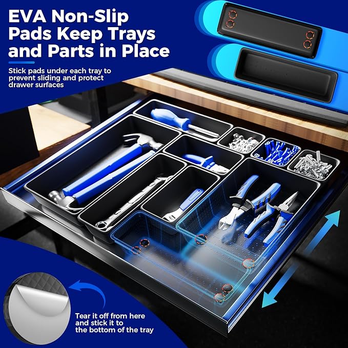 6 Large Tool Box Organizer Trays with EVA Non-Slip Pads, L-Size Desk Drawer Organizer Bins for Garage Tools, Toolbox Storage Trays for Rolling Tool Chest, Desk, Kitchen and Cabinet (L_6PCS_Black)