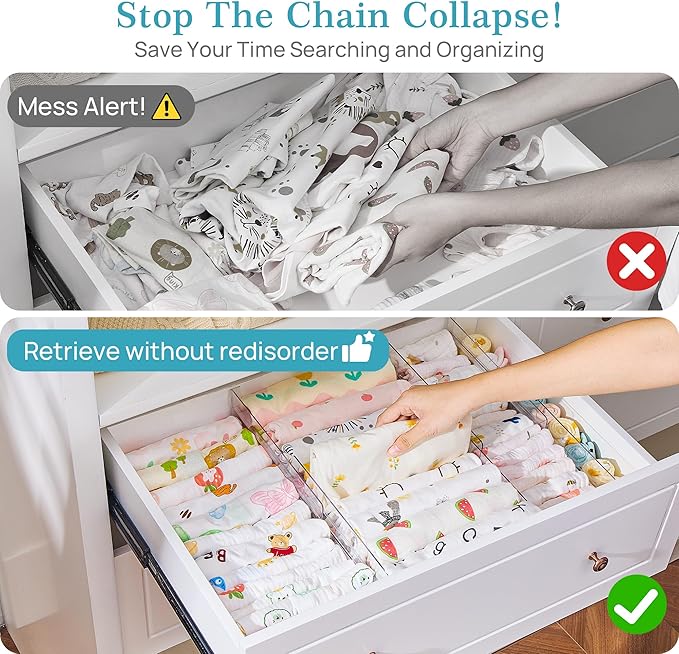 Vtopmart 4 Pack Drawer Dividers for Clothes, 4" High 13"-22" Adjustable Expandable Dresser Drawer Organizer, Clear Plastic Separators for Dresser, Baby Clothing, Underwear, Cosmetic, Toiletries