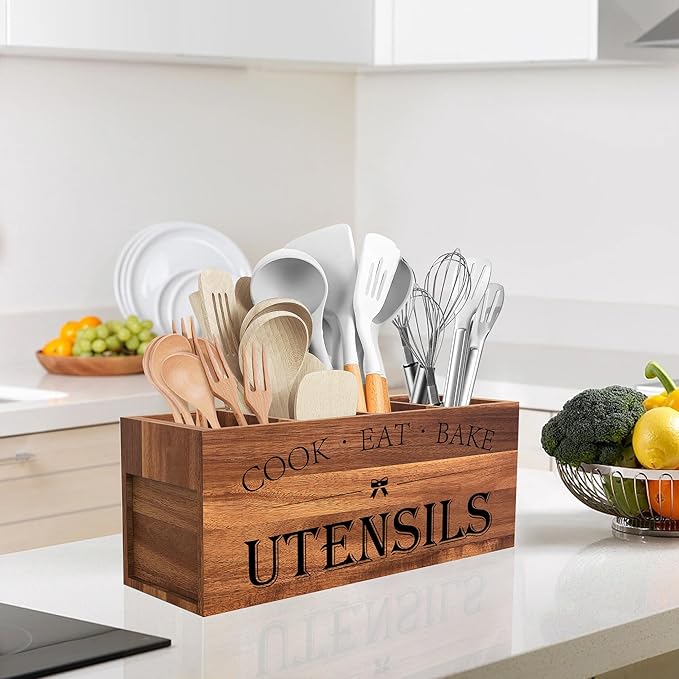 Suli Acacia Wood Utensil Holder for Kitchen Counter,Extra Large Utensils Holder with 4 Compartments,Caddy Organizer for Countertop, Farmhouse Kitchen Decor, Rustic Cooking Utensil-Acacia Brown
