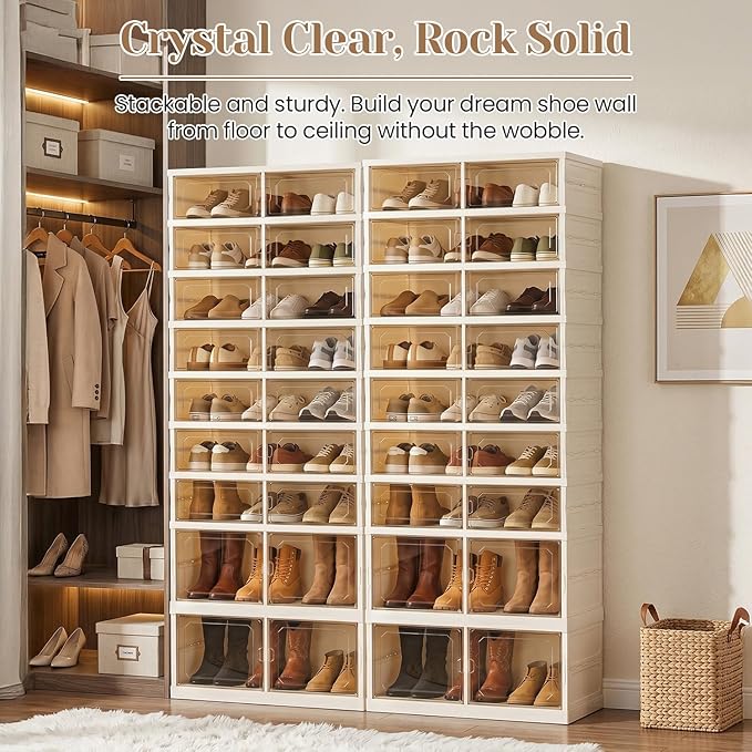 Foldable Shoe Rack with Doors, Stackable Plastic Shoe Organizer, Large Clear Shoe Storage Boxes for Closet and Entryway, Portable Collapsible Shoe Cabinet 9 Tiers, 27Pairs