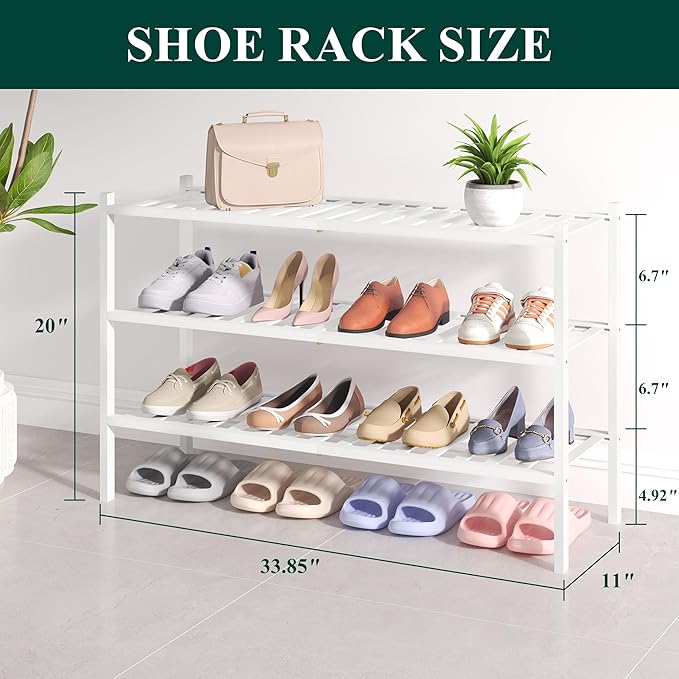 Smiry Bamboo Shoe Rack for Closet, 3 Tier Long Wooden Shoe Organizer, Stackable Wood Shoe Storage Shelf for Entryway, 14 Vertical Slats, One-piece Heavy-Duty Legs, 33.86"x11.02"x18.31", White