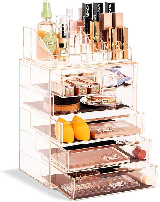 Sorbus Acrylic Makeup Organizer Set, 6-Drawer Vanity & Countertop Cosmetic Storage with Small & Wide Compartments, Pink Makeup Storage for Brushes, Jewelry – Holiday Gift for Women & Teens