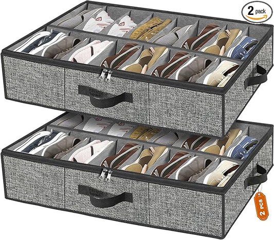 Under the Bed Shoe Storage Organizer for Closet, 2 Pack Fits 32 Pairs