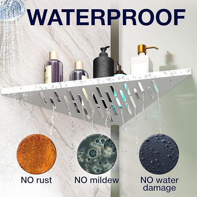 Bathroom Corner Shelves for Shower - Adhesive / Stick / Drill / No Drill - 16" Strong White Floating Corner Shelf for Tiled Wall, Bathroom, Inside Shower Caddy, Shelf Wall Mount Triangular, Organizer
