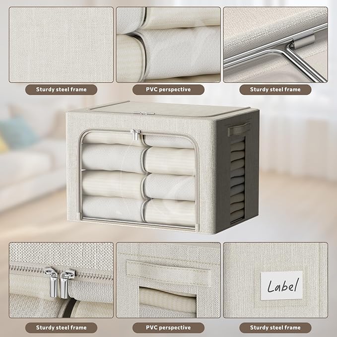 FHSQX 2 Pack Clear Window Storage Bins - Large Stackable Linen Fabric Storage for Clothes Foldable Container Organizer Set with Carrying Handles (Beige, 15.7x 11.8x 9.8Inch)