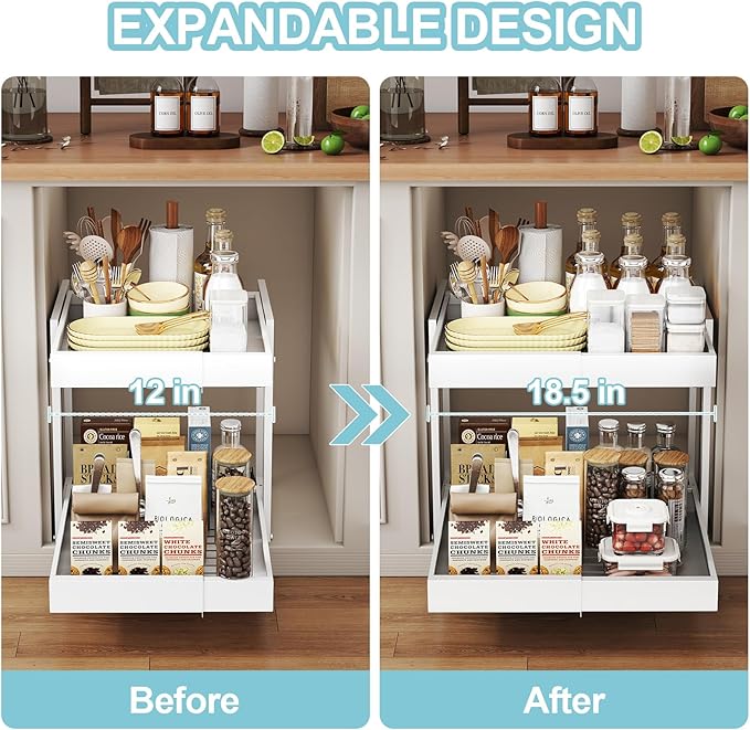 2-Tier Expandable Pull Out Cabinet Organizer, White