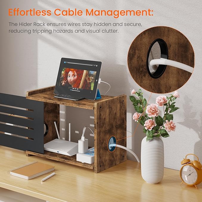Homode Router Shelf, Wood Wifi Box Hider, Projector Shelf Stand, Router Modem Storage Box Power Strip Cable Management Hider Rack, Routers Cover Organizer for Office Home, Rustic Brown