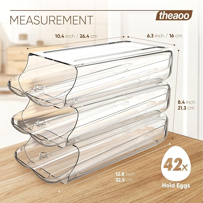 theaoo Egg Holder for Fridge, Automatic Rolling Egg Container for Refrigerator, Clear Plastic Egg Dispenser, Stackable Eggs Organizer with Quick Removable inner Tray For Organizers and Storage, 3 Pack